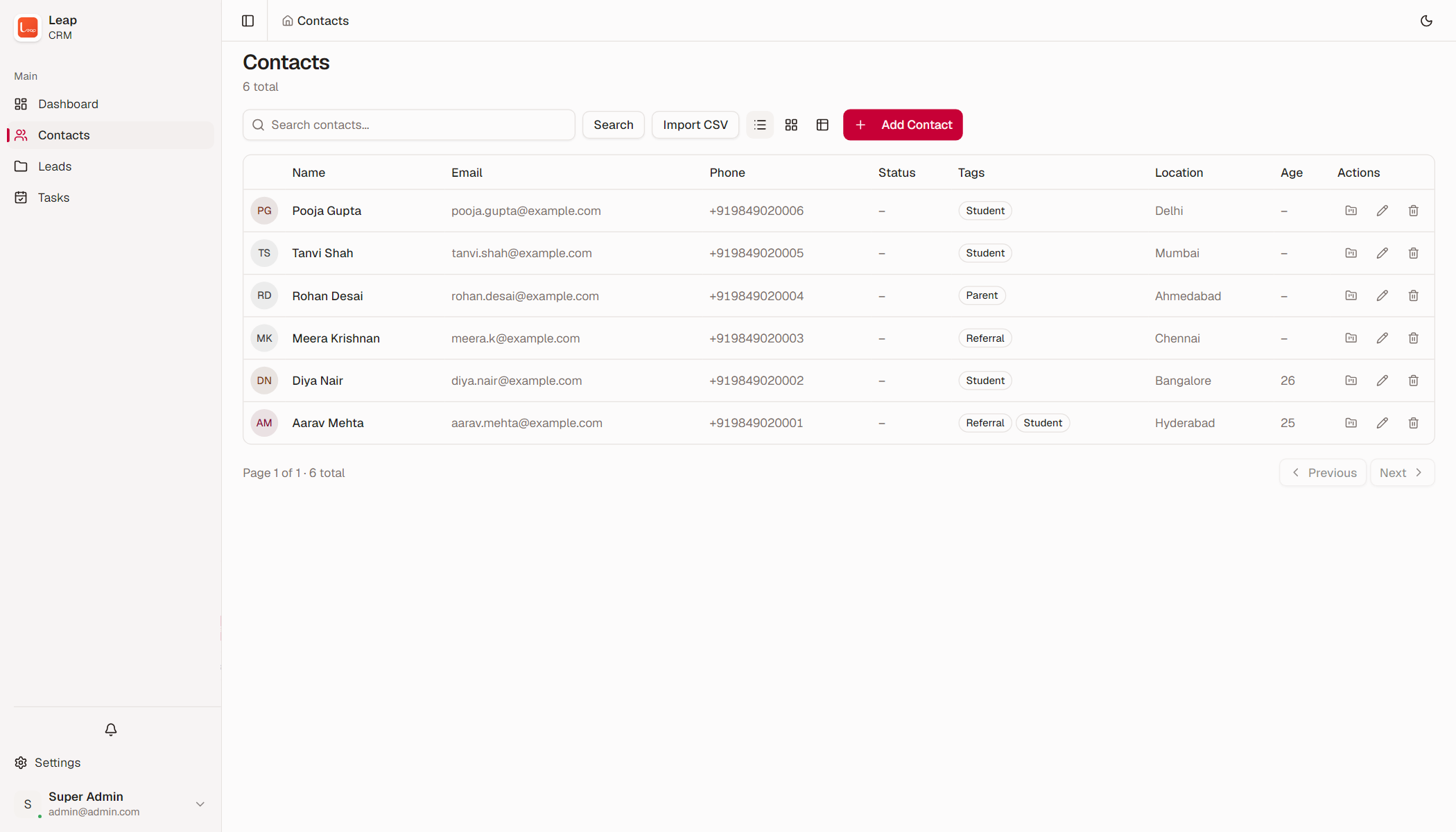 The Leap contacts table
