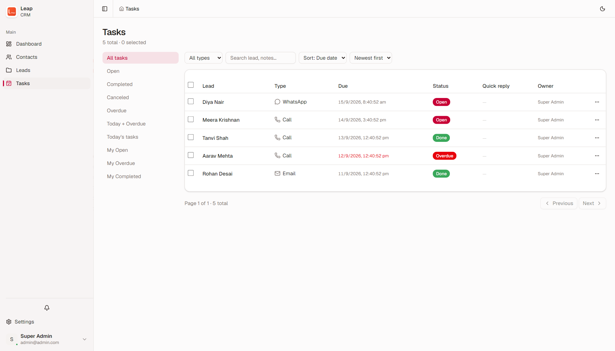 Tasks and reminders in Leap